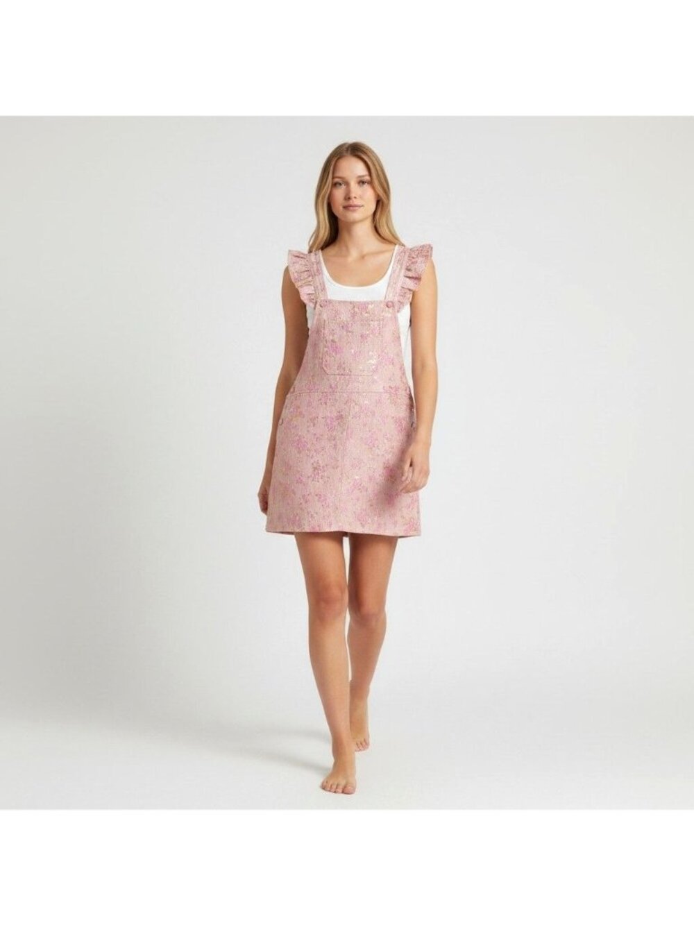 Storia Pink Gold Jacquard Overall Bib Dress Ruffle Shoulder Size Small